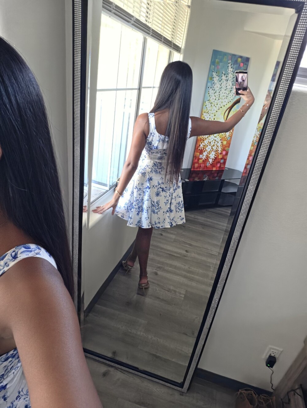 White Mini Dress with Blue Floral Print - Picture 13 of 13